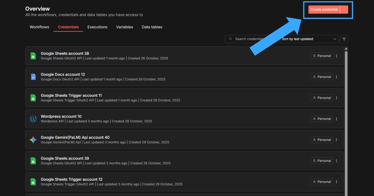 Bạn chọn mục Credentials rồi nhấn Create Credential để tạo mới
