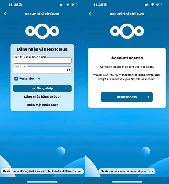 Nextcloud là gì? Cách cài đặt và sử dụng đơn giản, nhanh chóng 37 Đăng nhập và chọn Grant access để xác nhận quyền truy cập vào hệ thống cloud