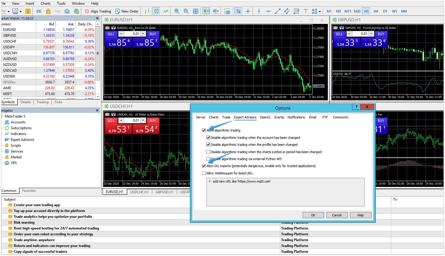 Bật quyền dùng Expert Advisor và giao dịch tự động