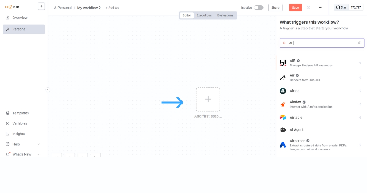 Trong giao diện workflow, bạn bấm vào dấu cộng (+)