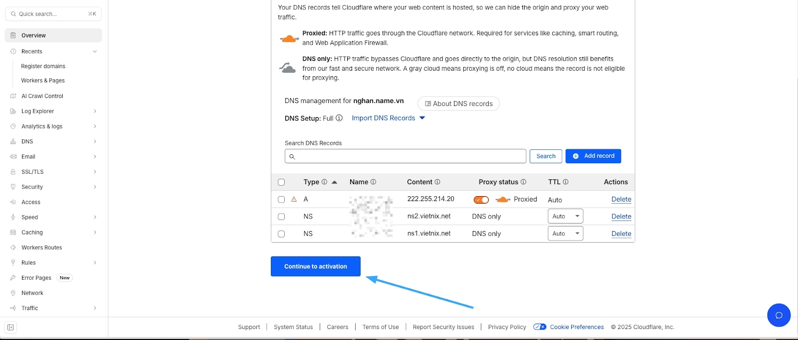 Xác nhận bản ghi và đi đến bước kích hoạt