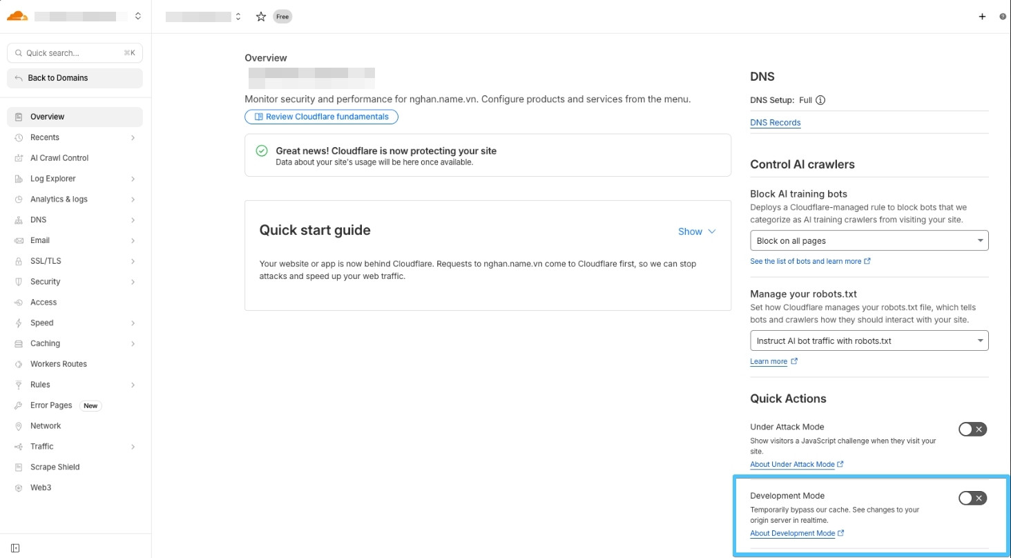Trong trang quản lý domain, bạn có thể bật Development Mode ngay tại tab Overview trong phần Quick Actions 