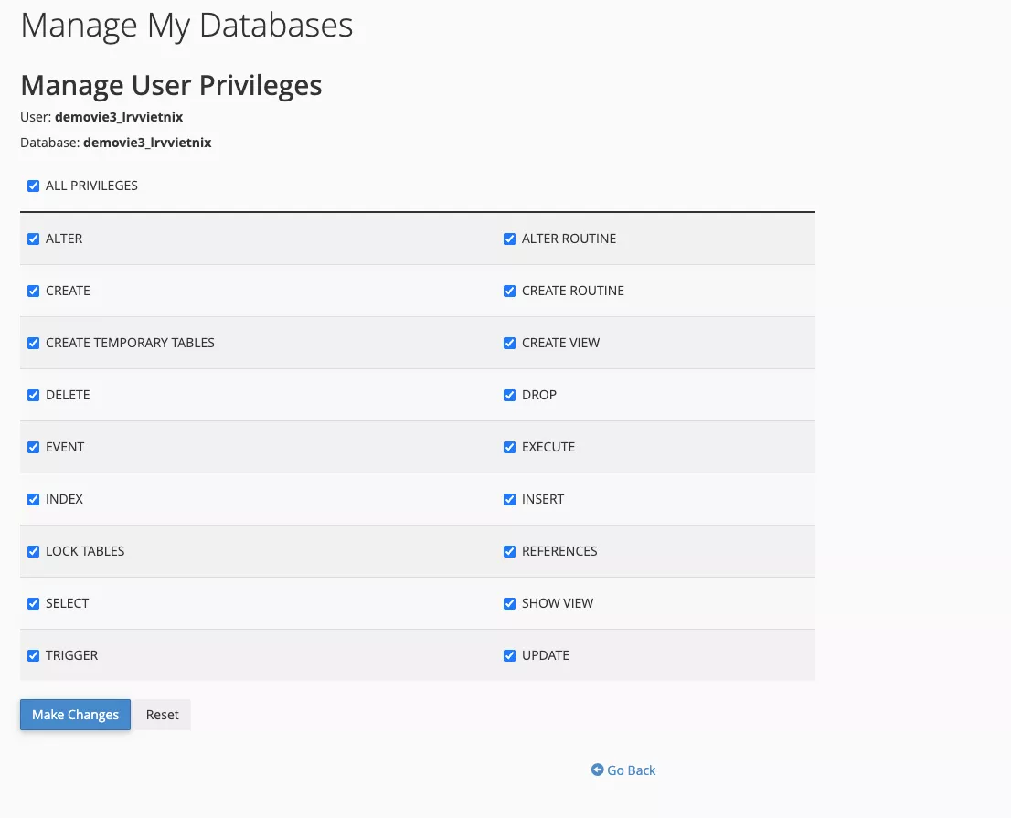 Gán quyền ALL PRIVILEGES cho user 