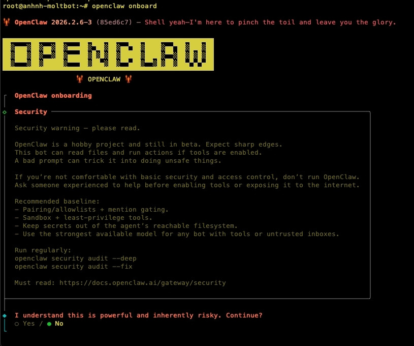 Moltbot là gì? Hướng dẫn cài đặt Moltbot trên máy tính cá nhân và VPS Ubuntu từ A-Z 25 Giao diện onboarding