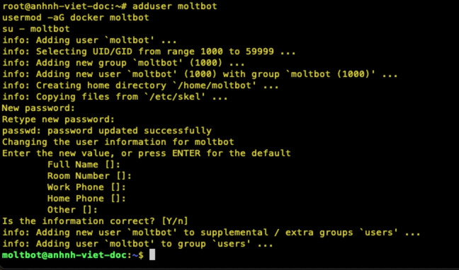 Moltbot là gì? Hướng dẫn cài đặt Moltbot trên máy tính cá nhân và VPS Ubuntu từ A-Z 28 Bạn có thể dùng lệnh adduser moltbot để tạo user riêng cho Moltbot