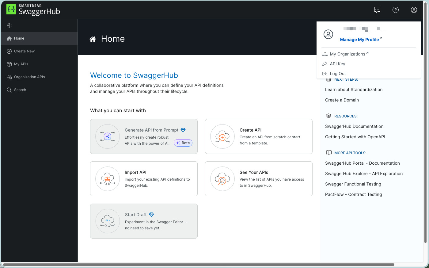 Dashboard hiển thị danh sách các API và project