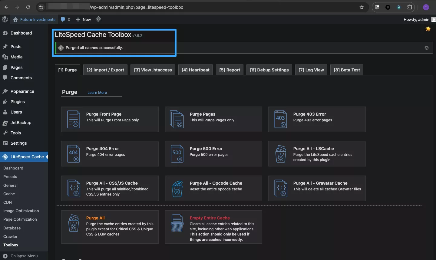 Thông báo xóa cache thành công