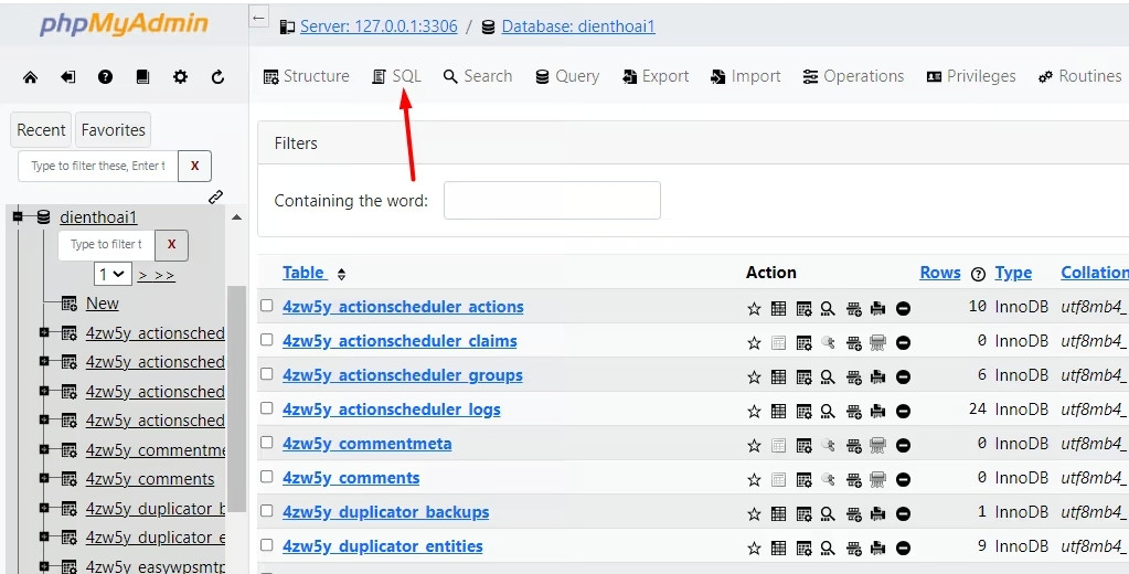 Bạn cần vào công cụ phpMyAdmin và chọn đúng database đang dùng