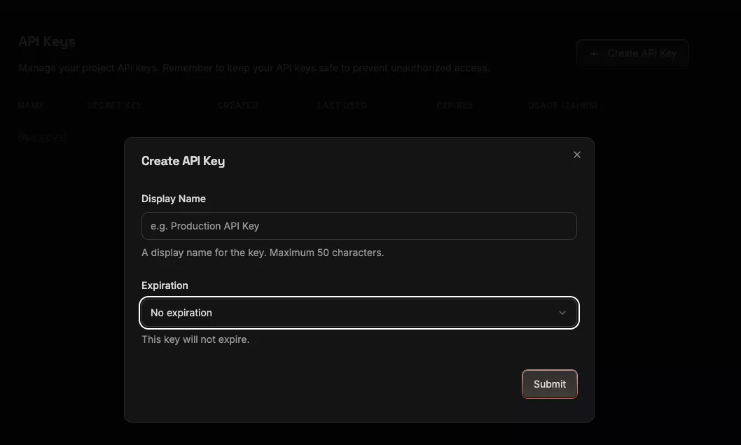 Tạo khóa API mới 