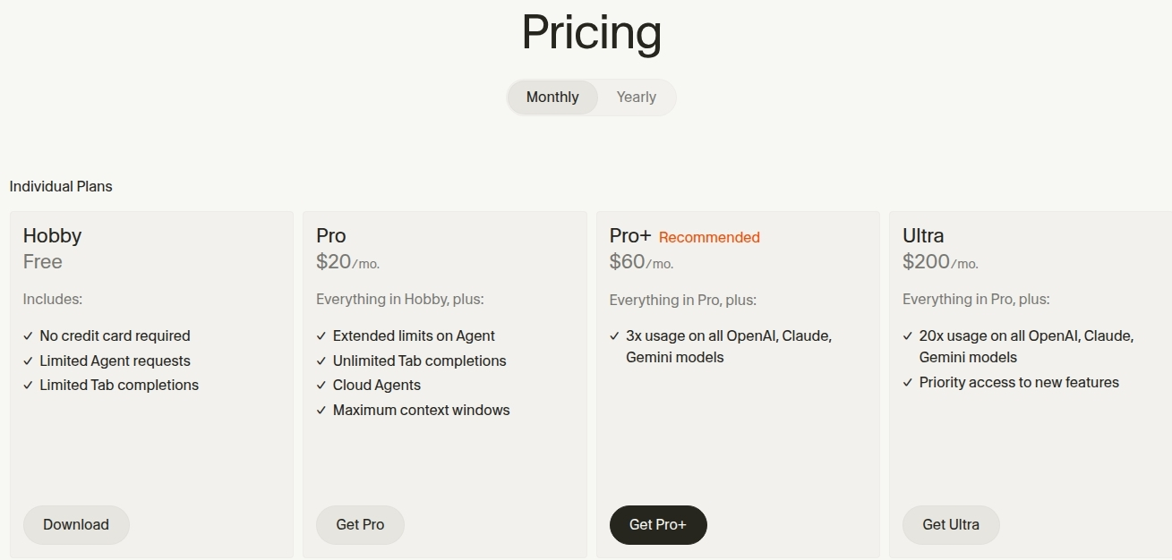 Các gói dịch vụ và chi phí của Cursor AI (Nguồn: Internet)