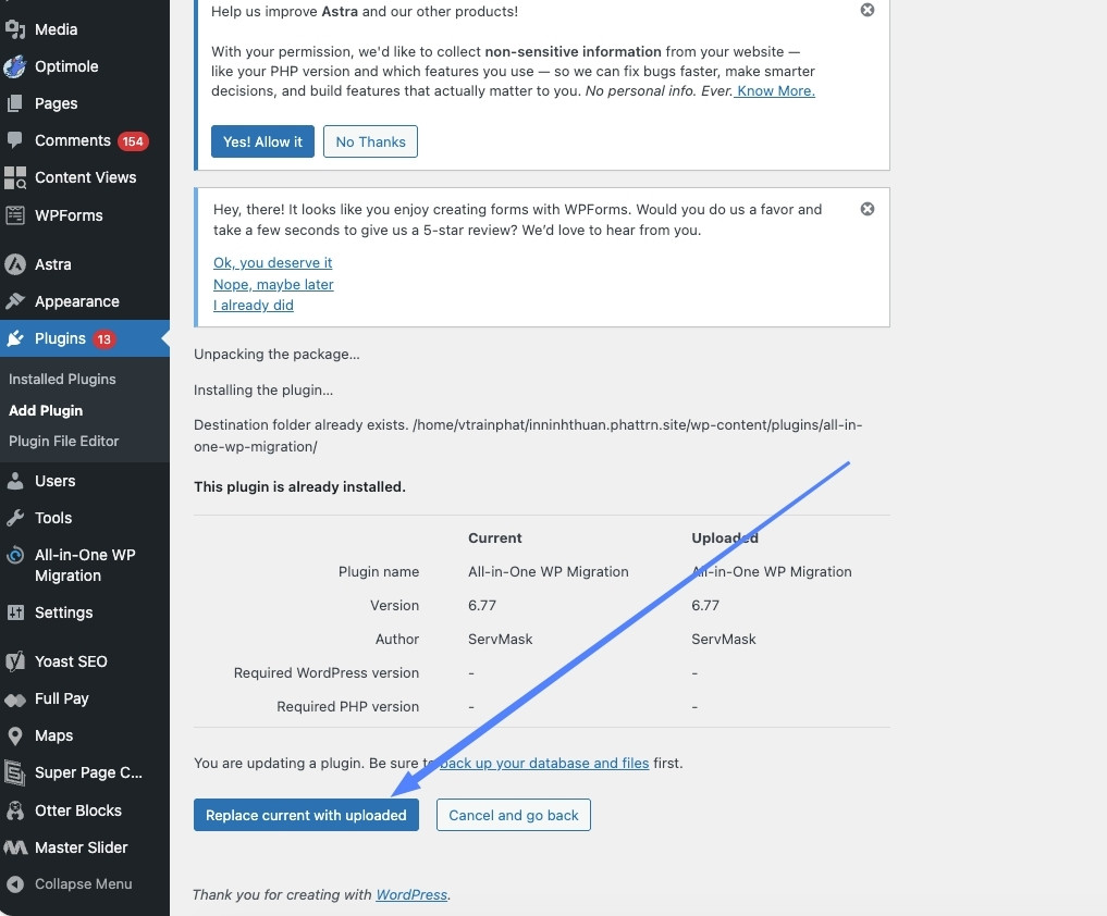 Hướng dẫn cách sửa lỗi Installation failed: destination folder already exists 14 Bạn có thể sử dụng nút Replace current with uploaded để xử lý lỗi kịp thời