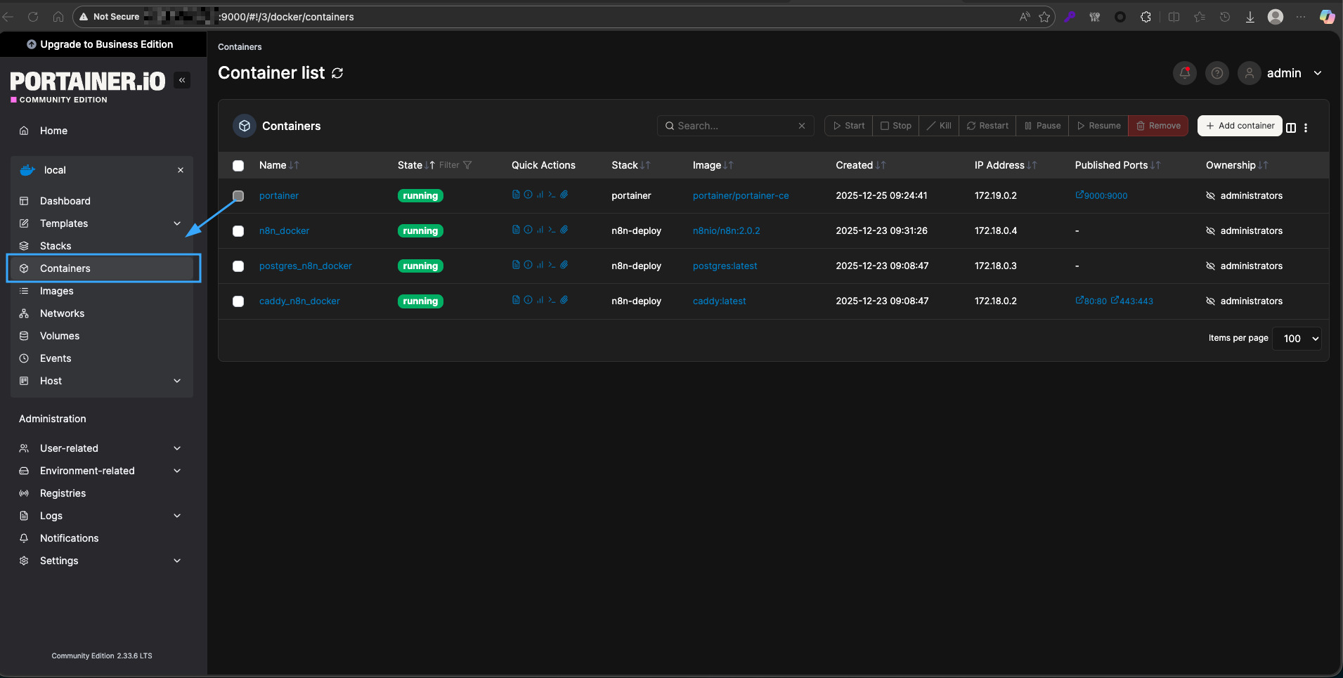 Chọn mục Containers trong menu