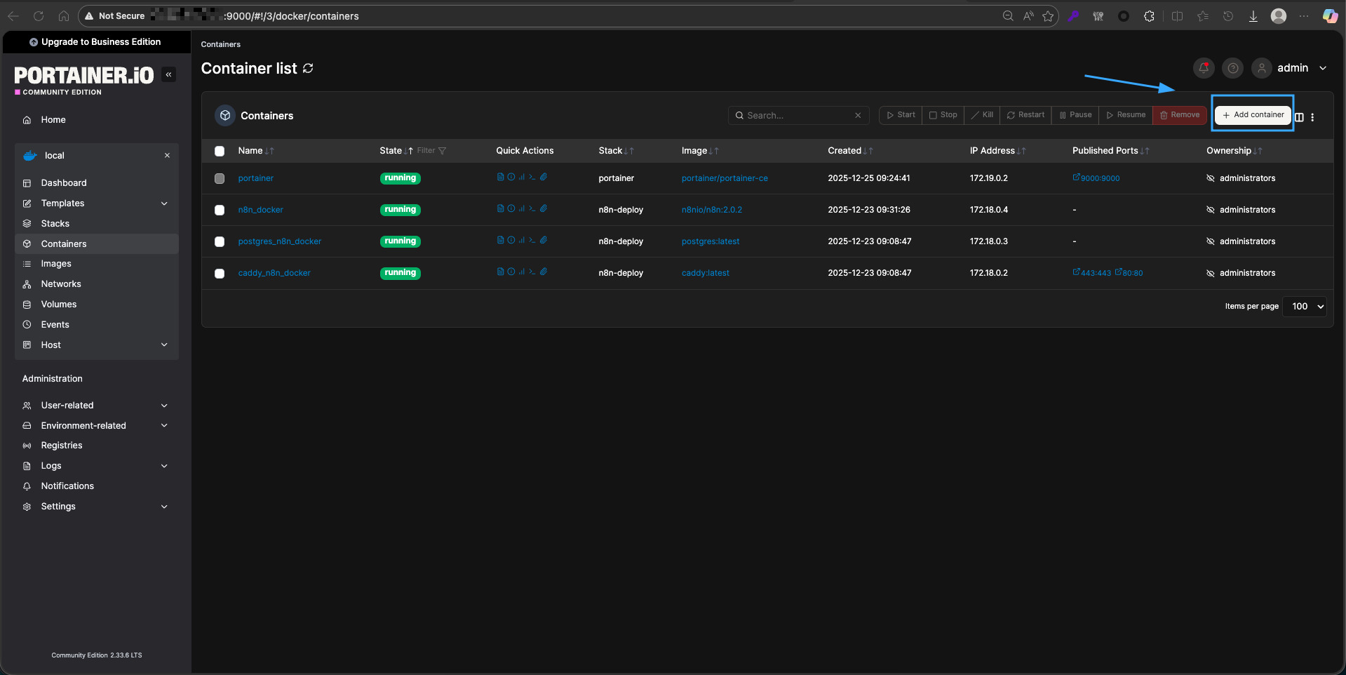 Nhấn nút Add container 