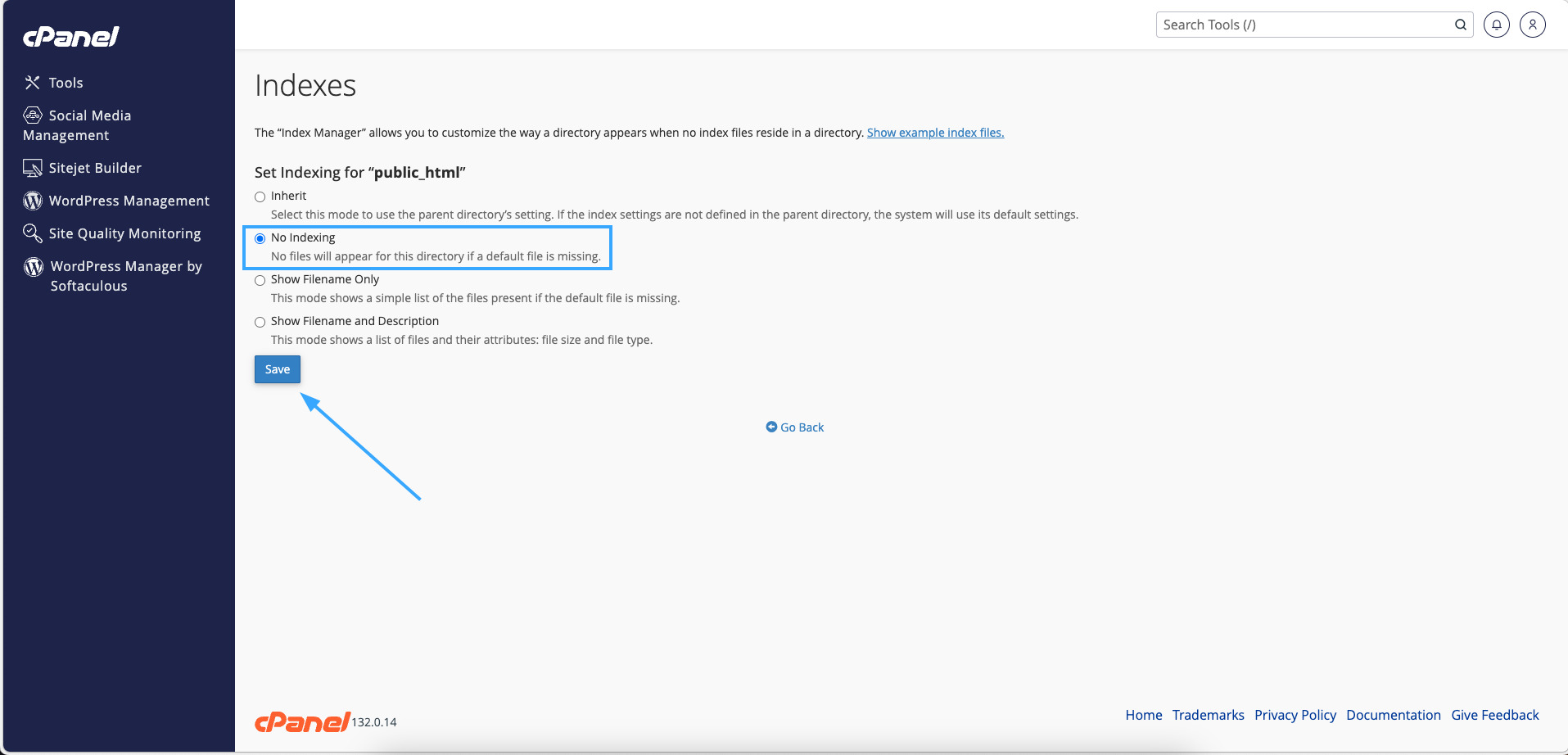 Chọn No Indexing và lưu